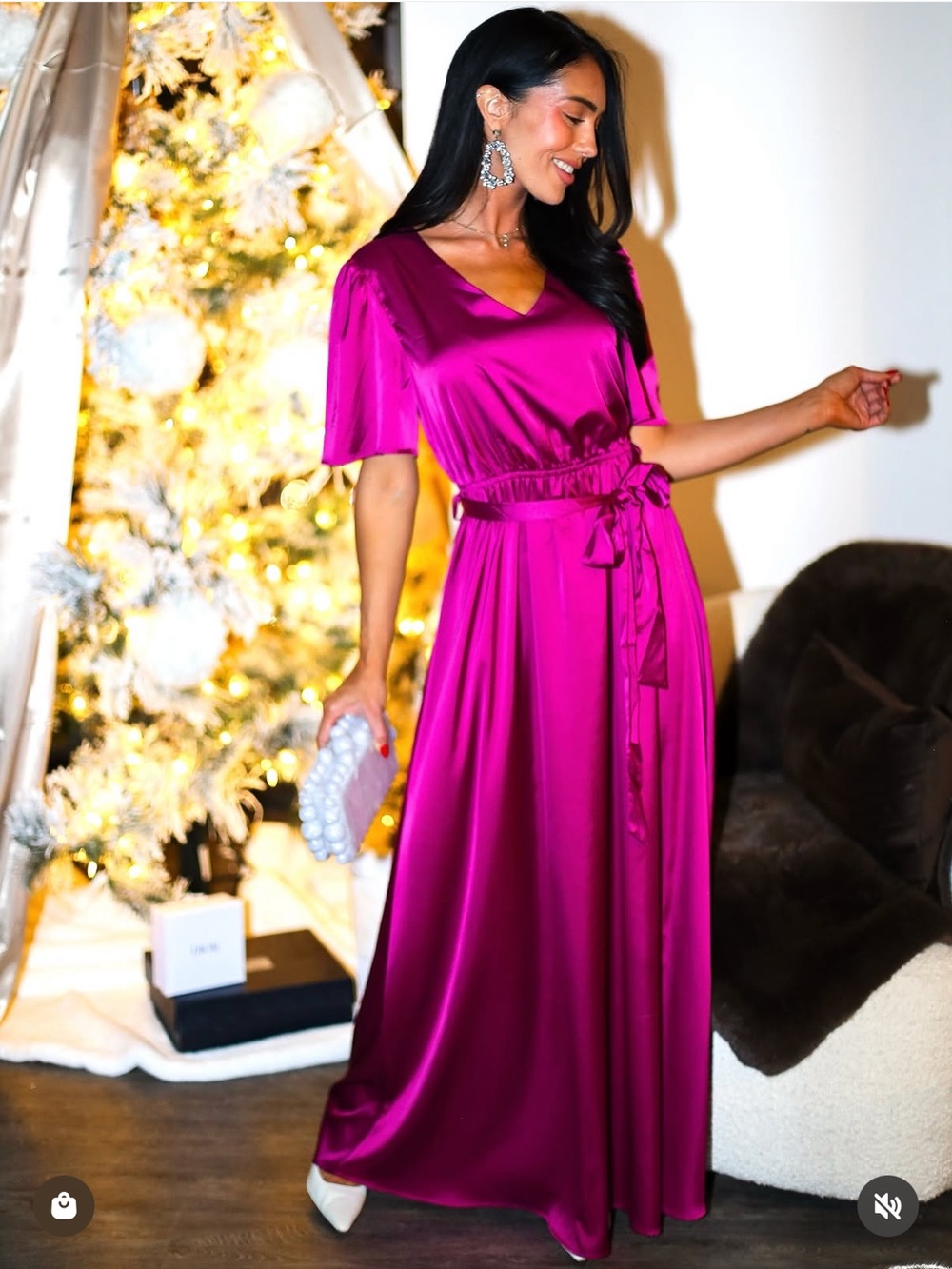 Satin V-Neck Belted Maxi Dress in Fuchsia